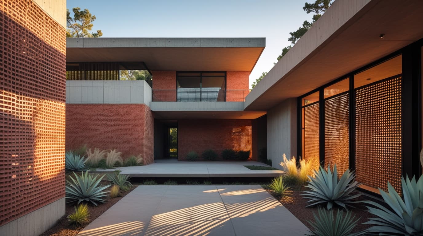 Visualización conceptual de arquitectura contemporánea con celosías y luz natural